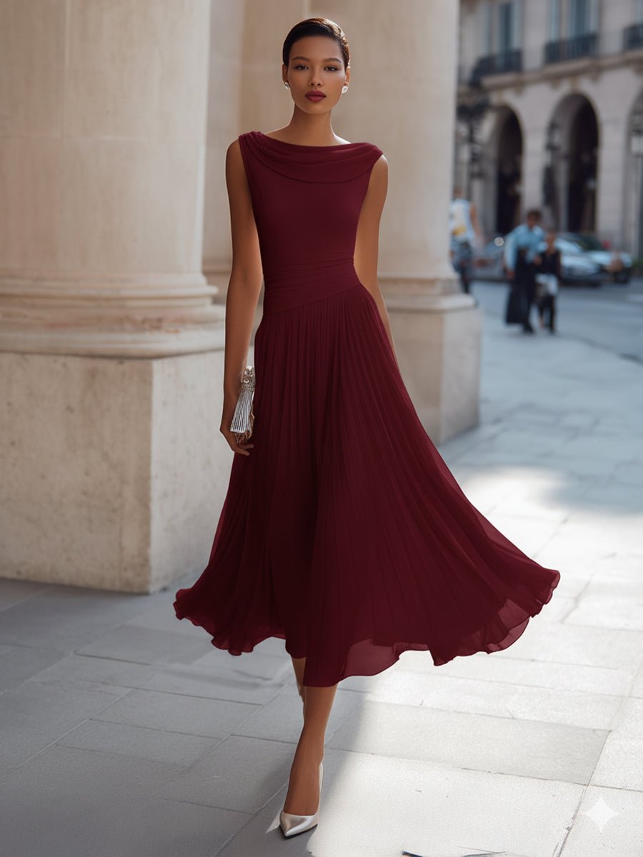 Midi Dress Women's Elegant Pleated Style with Cowl Neckline - Image 6