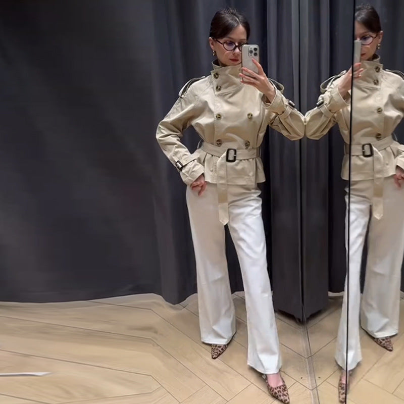 Women's trench coat, cropped, with a belt at the waist - J&B; - 1 - Elvaroza.com
